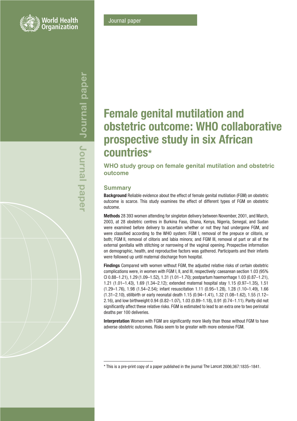 Female Genital Mutilation And Obstetric Outcome Who Collaborative