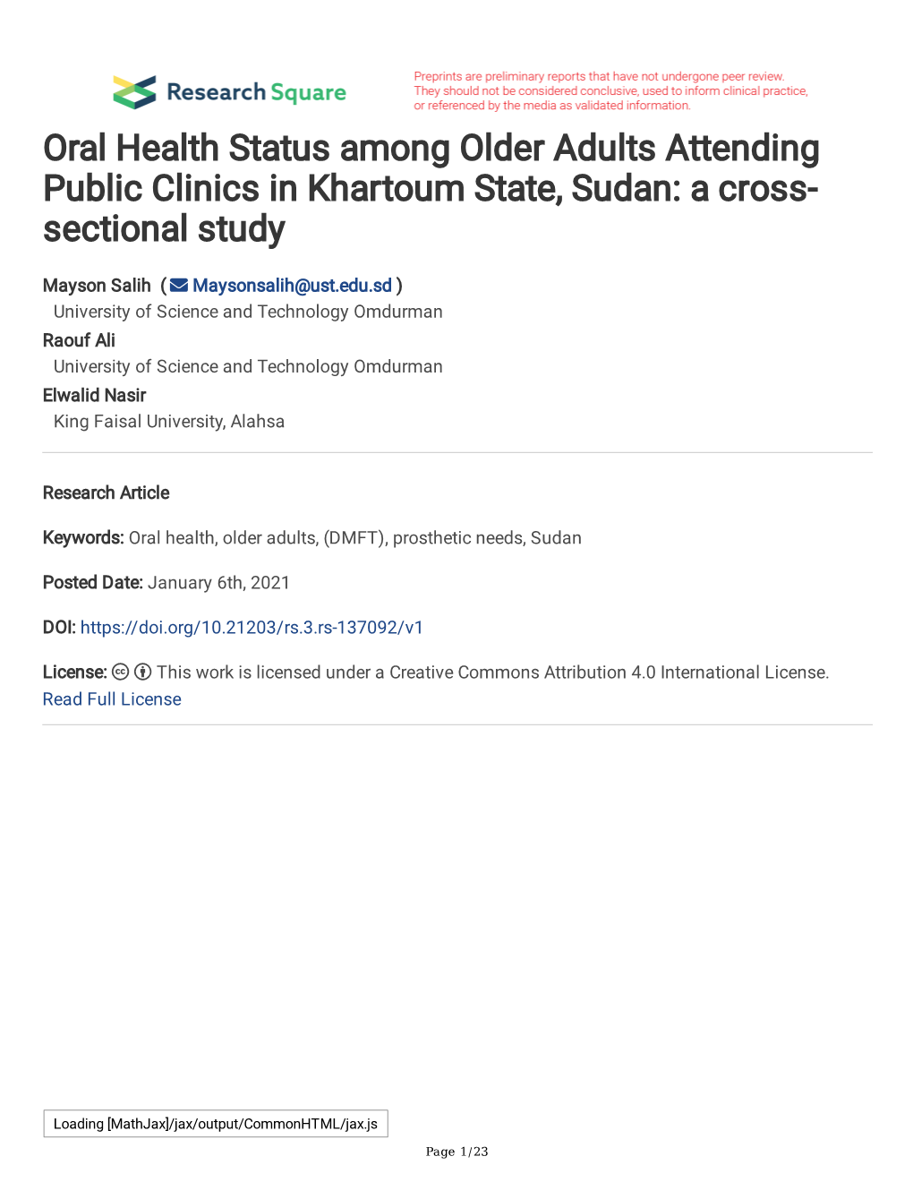 Oral Health Status Among Older Adults Attending Public Clinics in Khartoum State, Sudan: a Cross- Sectional Study