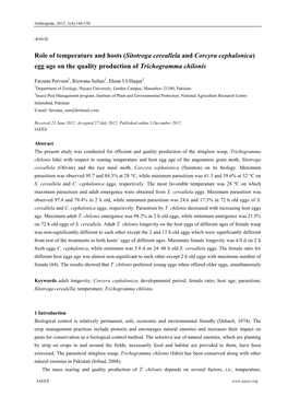 Sitotroga Cereallela and Corcyra Cephalonica) Egg Age on the Quality Production of Trichogramma Chilonis