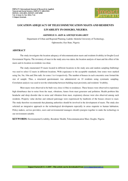 Location Adequacy of Telecommunication Masts and Residents Livability in Osogbo, Nigeria