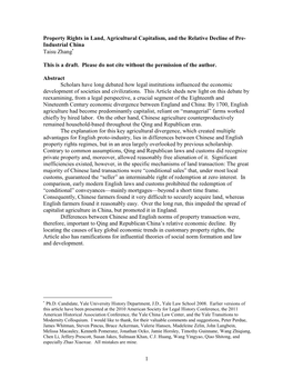 Property Rights in Land, Agricultural Capitalism, and the Relative Decline of Pre- Industrial China Taisu Zhang