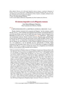 El Sistema Impositivo En La Hispania Romana José María Blázquez Martínez Real Academia De La Historia