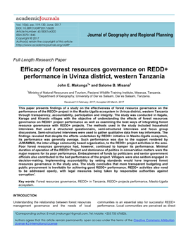 Efficacy of Forest Resources Governance on REDD+ Performance in Uvinza District, Western Tanzania