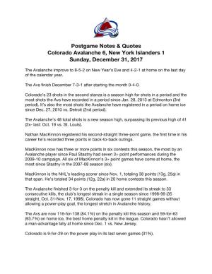 Postgame Notes & Quotes Colorado Avalanche 6, New York Islanders 1