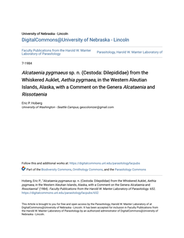 Cestoda: Dilepididae) from the Whiskered Auklet, Aethia Pygmaea, in the Western Aleutian Islands, Alaska, with a Comment on the Genera Alcataenia and Rissotaenia