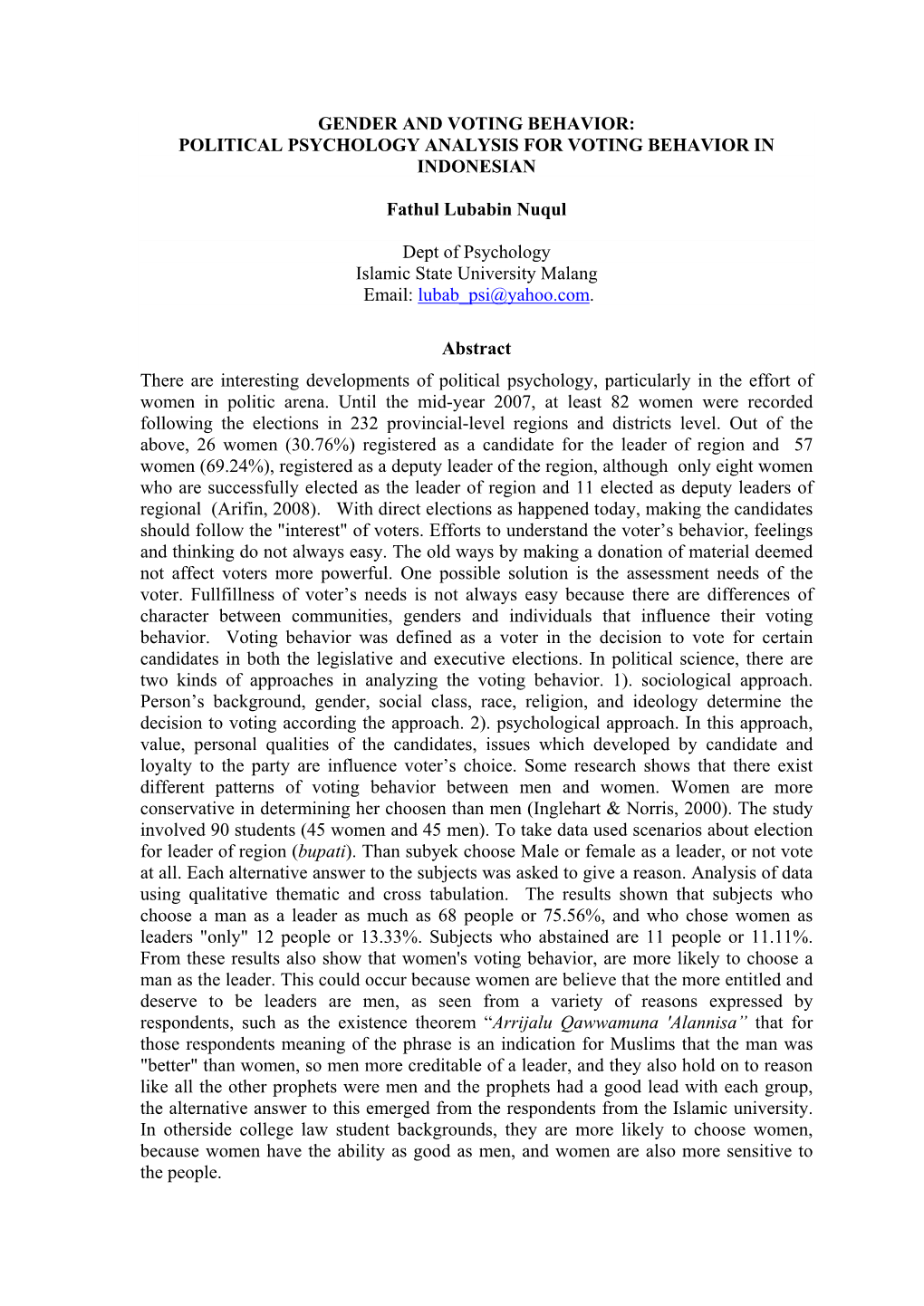 Gender and Voting Behavior: Political Psychology Analysis for Voting Behavior in Indonesian