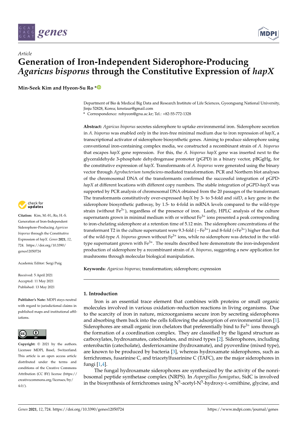 Generation of Iron-Independent Siderophore-Producing Agaricus Bisporus Through the Constitutive Expression of Hapx