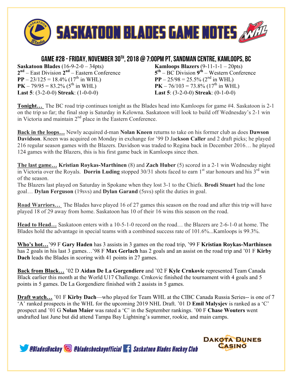 Game Notes at KAM Nov30