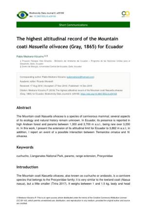 The Highest Altitudinal Record of the Mountain Coati Nasuella Olivacea (Gray, 1865) for Ecuador