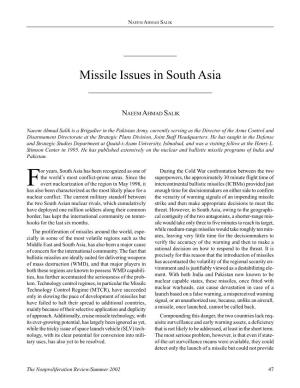 Missile Issues in South Asia
