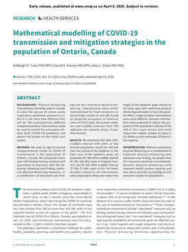 Mathematical Modelling of COVID-19 Transmission and Mitigation Strategies in the Population of Ontario, Canada