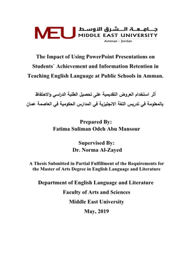 The Impact of Using Powerpoint Presentations on Students` Achievement and Information Retention in Teaching English Language at Public Schools in Amman