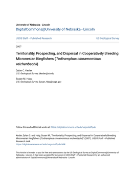 Territoriality, Prospecting, and Dispersal in Cooperatively Breeding Micronesian Kingfishers (Todiramphus Cinnamominus Reichenbachii)