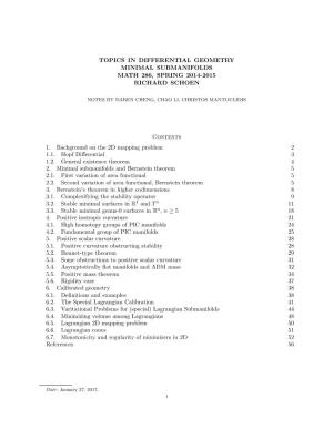 Topics in Differential Geometry Minimal Submanifolds Math 286, Spring 2014-2015 Richard Schoen