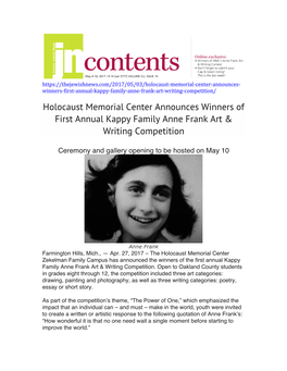 Holocaust Memorial Center Announces Winners of First Annual Kappy Family Anne Frank Art & Writing Competition