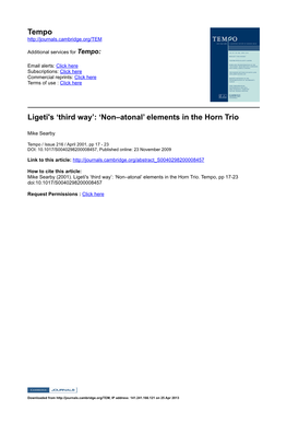 Tempo Ligeti's 'Third Way': 'Non–Atonal' Elements in the Horn Trio