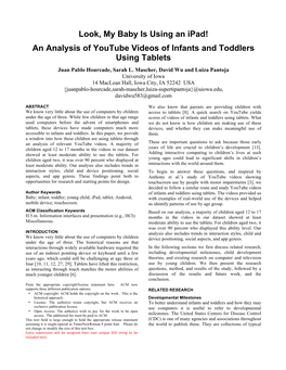 Look, My Baby Is Using an Ipad! an Analysis of Youtube Videos of Infants and Toddlers Using Tablets Juan Pablo Hourcade, Sarah L