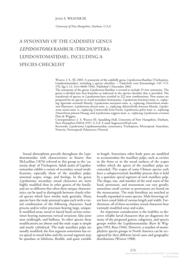 A Synonymy of the Caddisfly Genus Lepidostoma Rambur (Trichoptera: Lepidostomatidae), Including a Species Checklist