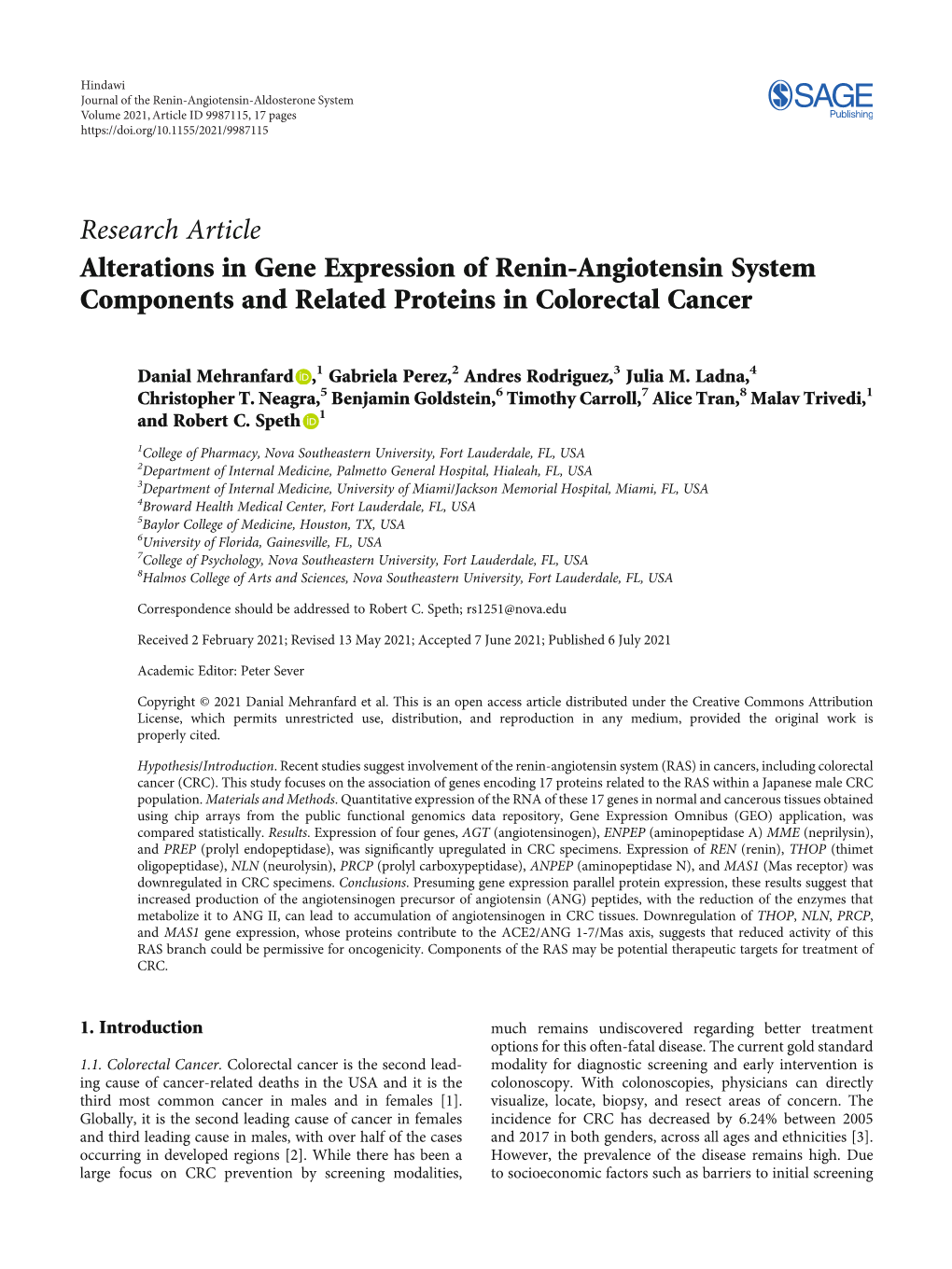 Alterations in Gene Expression of Renin-Angiotensin System Components and Related Proteins in Colorectal Cancer