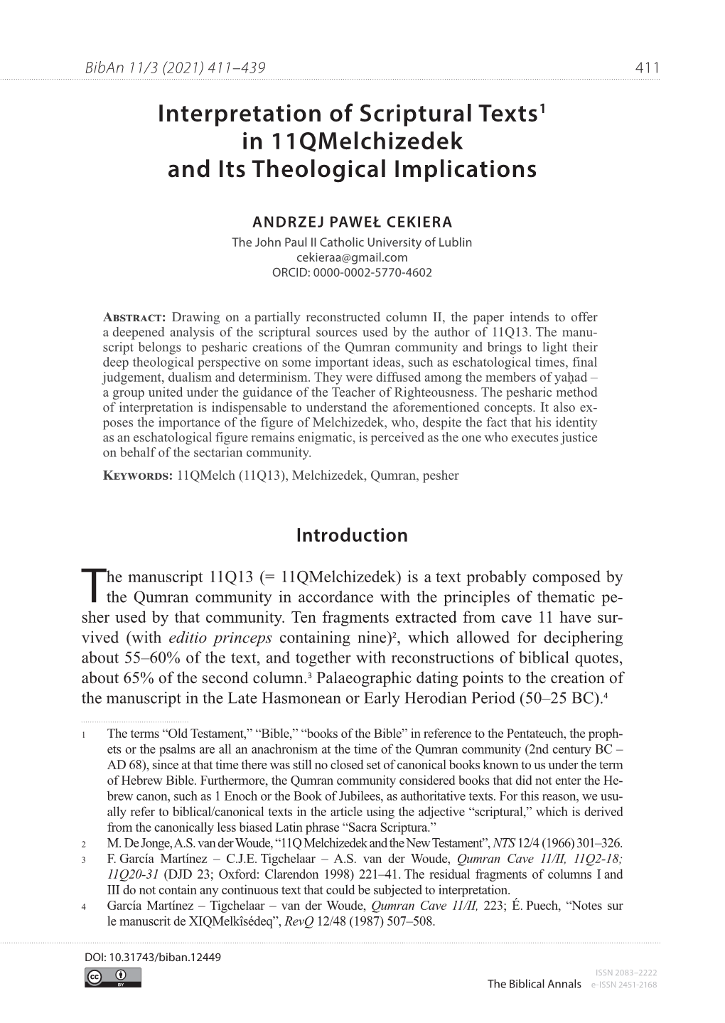 Interpretation of Scriptural Texts1 in 11Qmelchizedek and Its Theological Implications
