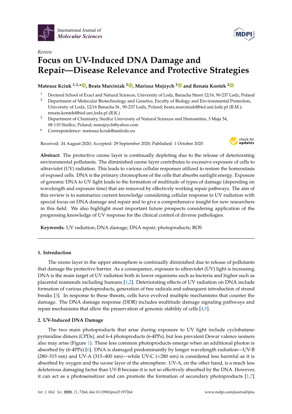 Focus on UV-Induced DNA Damage and Repair—Disease Relevance and Protective Strategies