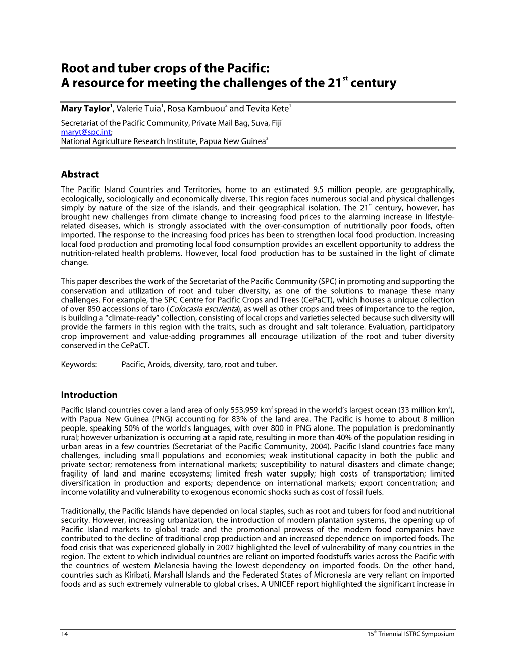 Root and Tuber Crops of the Pacific: a Resource for Meeting the Challenges of the 21St Century