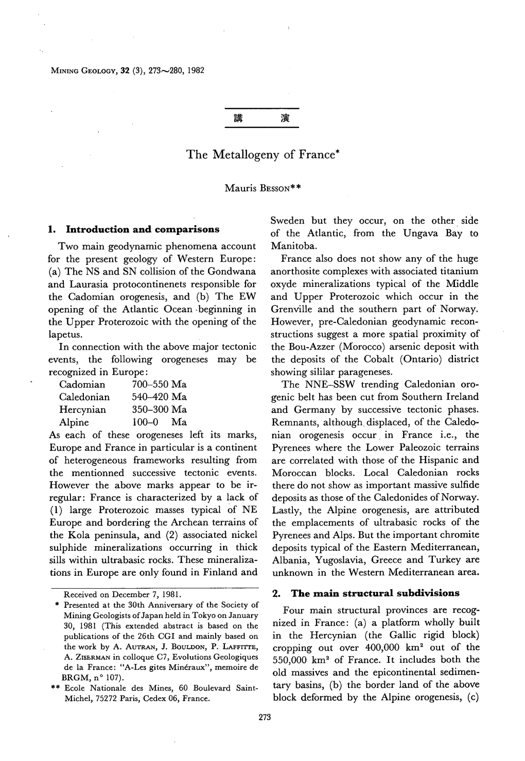 The Metallogeny of France* Two Main Geodynamic Phenomena