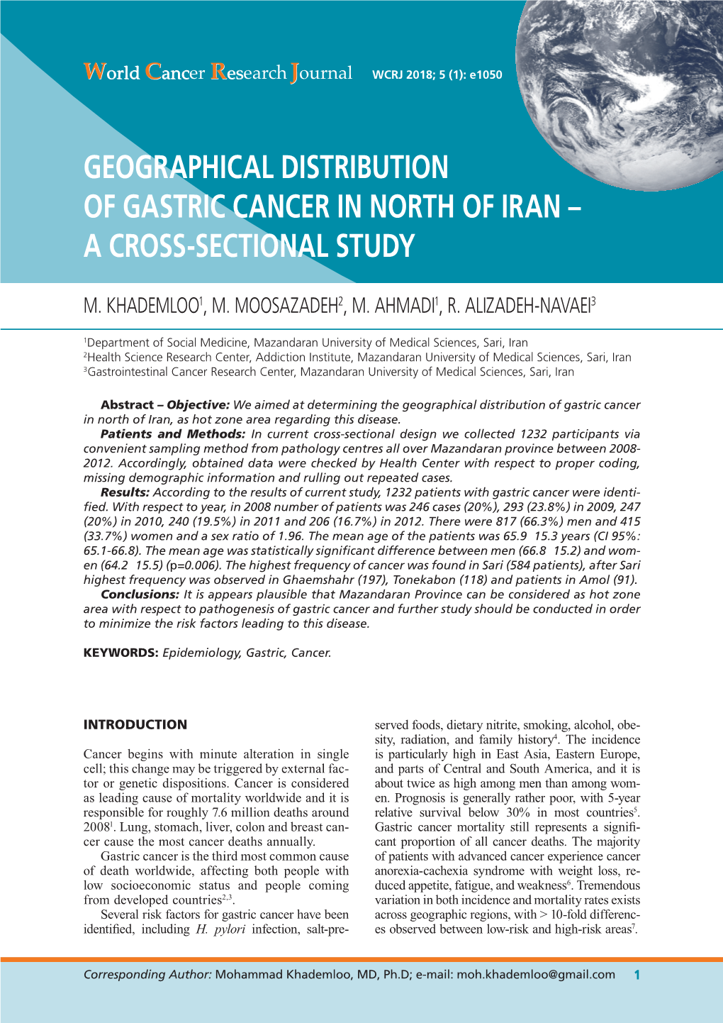 Geographical Distribution of Gastric Cancer in North of Iran – a Cross-Sectional Study