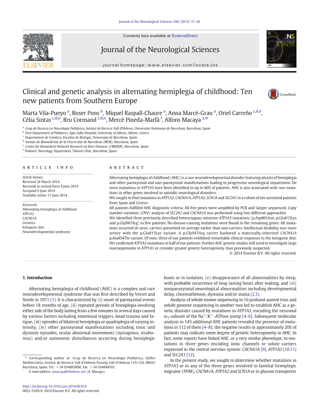 Clinical and Genetic Analysis in Alternating Hemiplegia of Childhood: Ten New Patients from Southern Europe