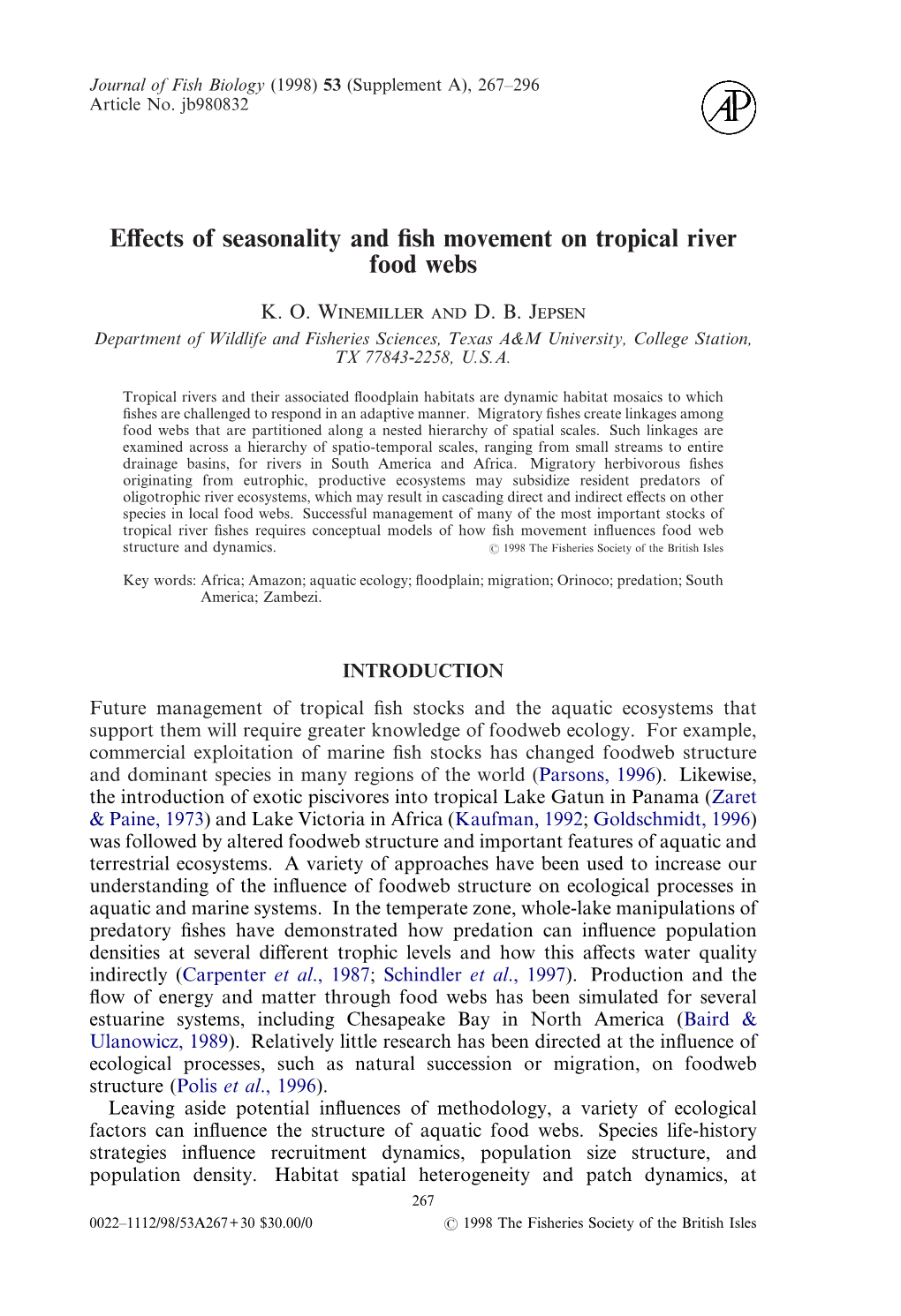 Effects of Seasonality and Fish Movement on Tropical River Food Webs