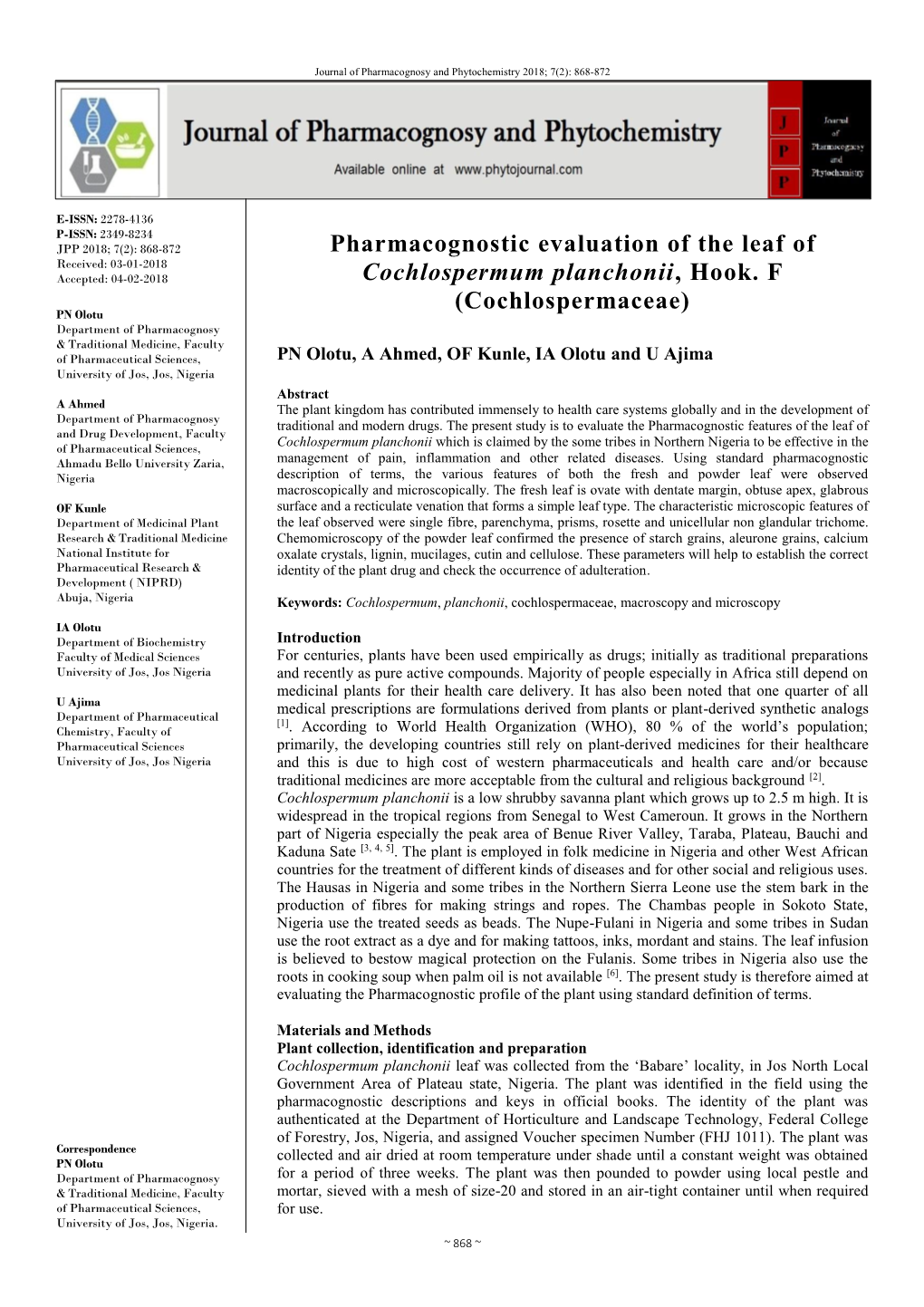 Pharmacognostic Evaluation of the Leaf of Cochlospermum Planchonii, Hook. F (Cochlospermaceae)