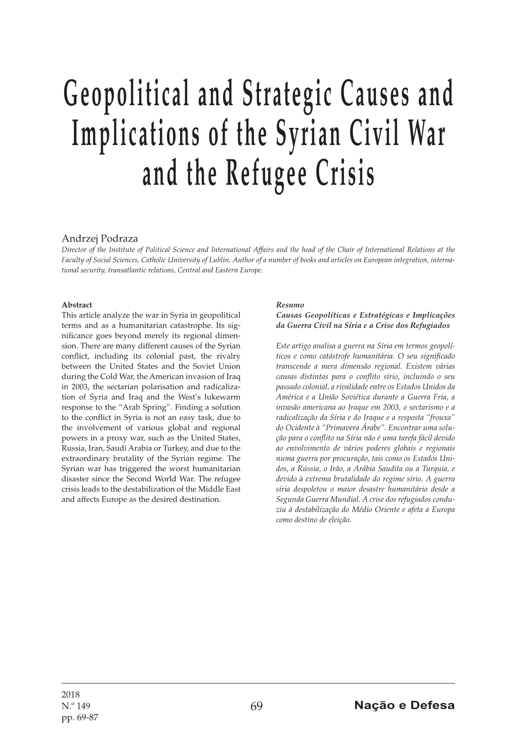 Geopolitical and Strategic Causes and Implications of the Syrian Civil War and the Refugee Crisis