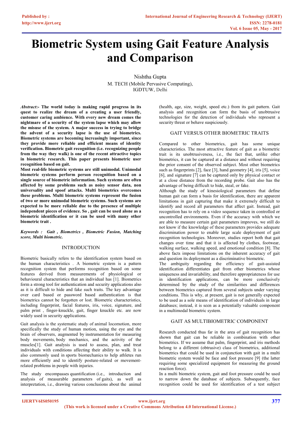 Biometric System Using Gait Feature Analysis and Comparison