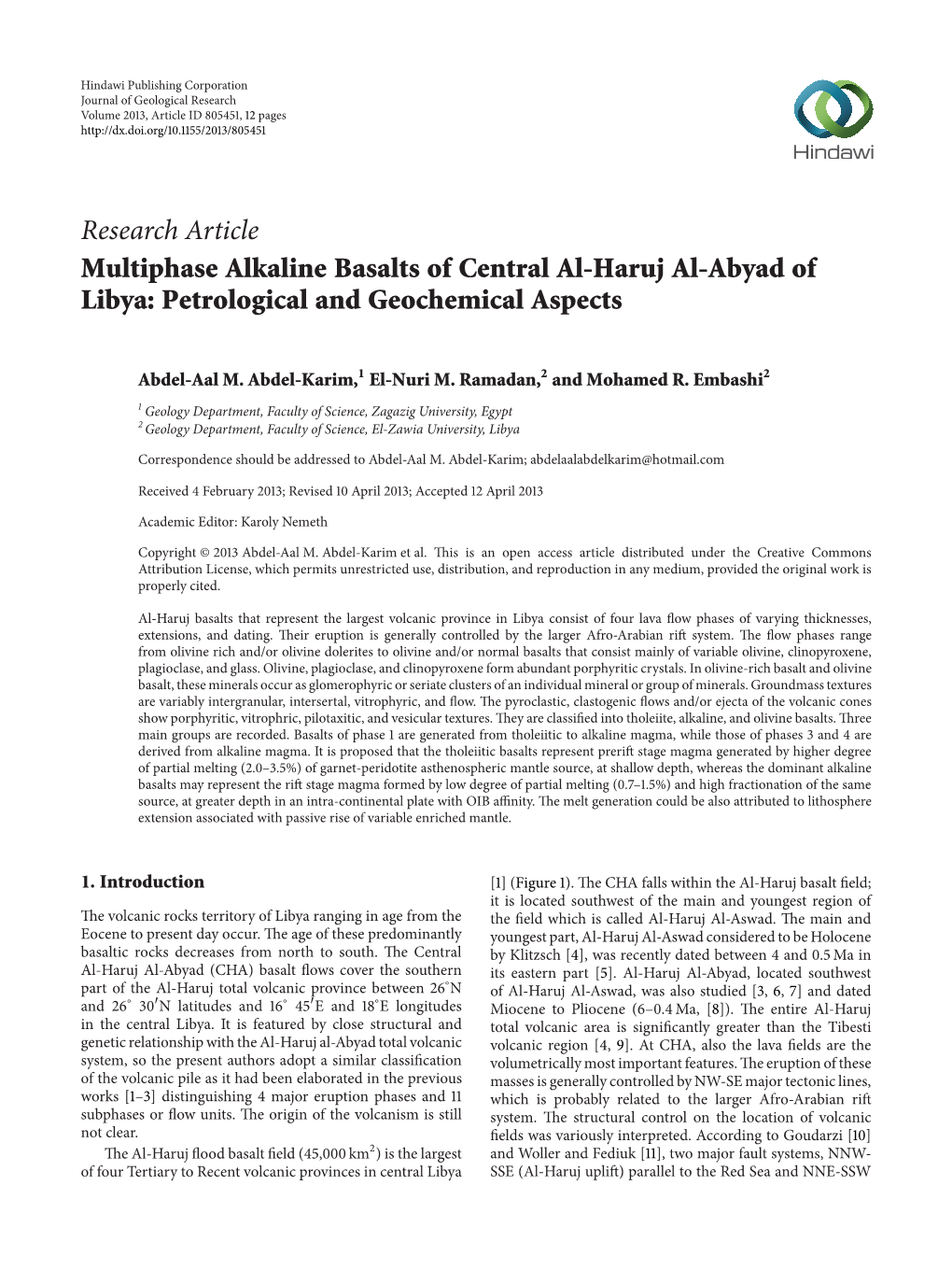 Multiphase Alkaline Basalts of Central Al-Haruj Al-Abyad of Libya: Petrological and Geochemical Aspects