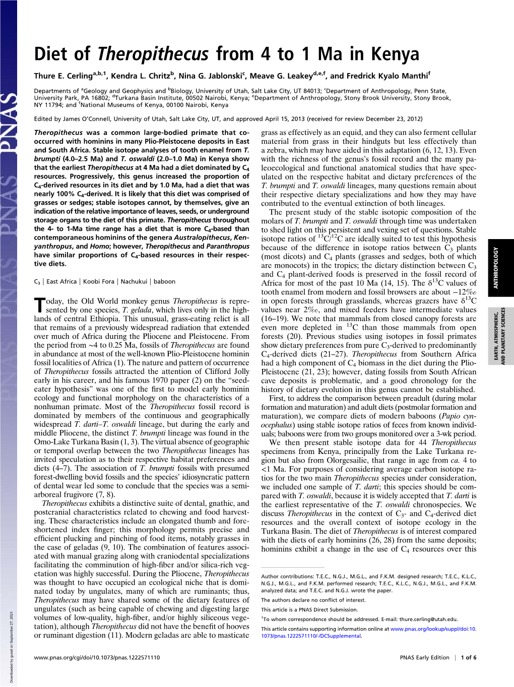 Diet of Theropithecus from 4 to 1 Ma in Kenya