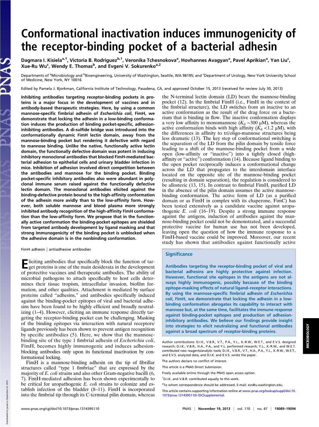 Conformational Inactivation Induces Immunogenicity of the Receptor-Binding Pocket of a Bacterial Adhesin