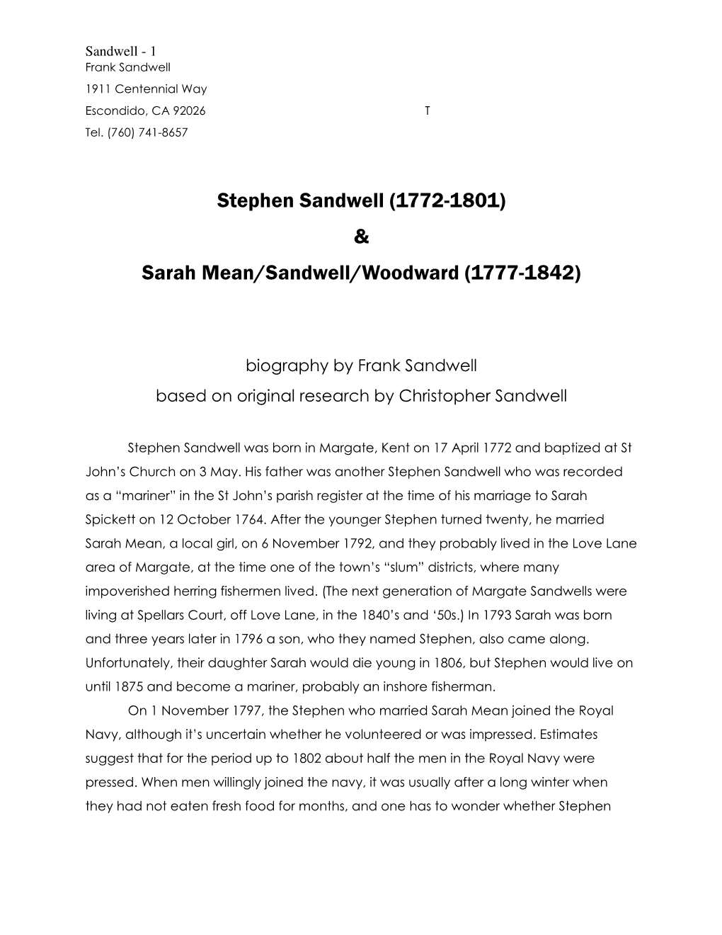 Stephen Sandwell (1772-1801) & Sarah Mean/Sandwell/Woodward