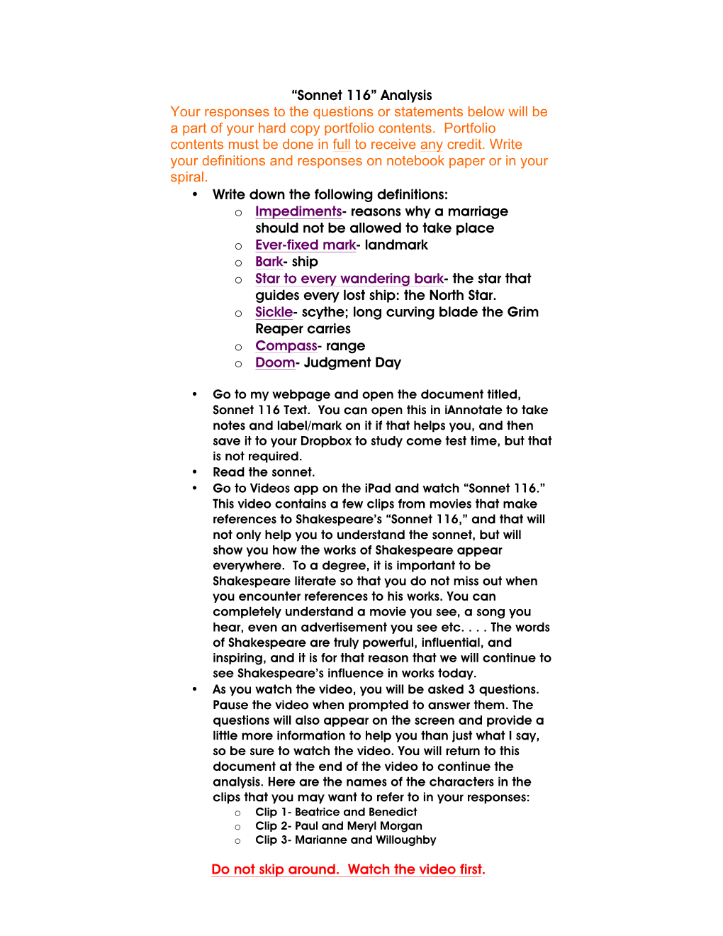 “Sonnet 116” Analysis Your Responses to the Questions Or Statements Below Will Be a Part of Your Hard Copy Portfolio Contents