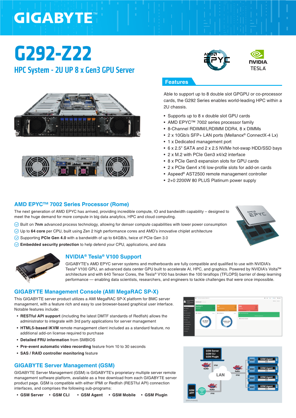 G292-Z22 HPC System - 2U up 8 X Gen3 GPU Server Features