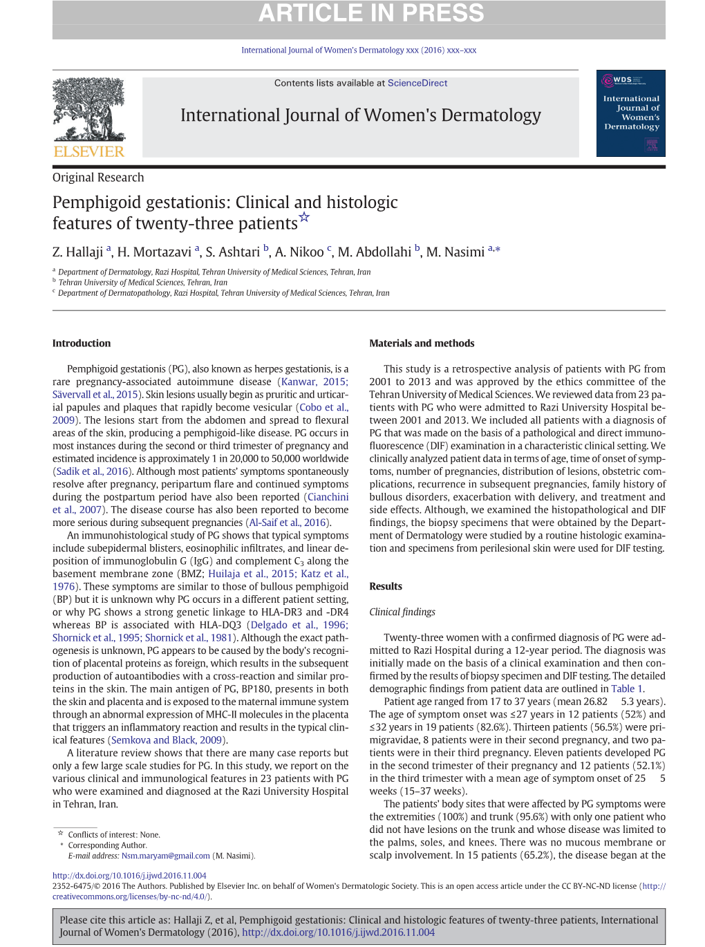 Pemphigoid Gestationis: Clinical and Histologic ☆ Features of Twenty-Three Patients