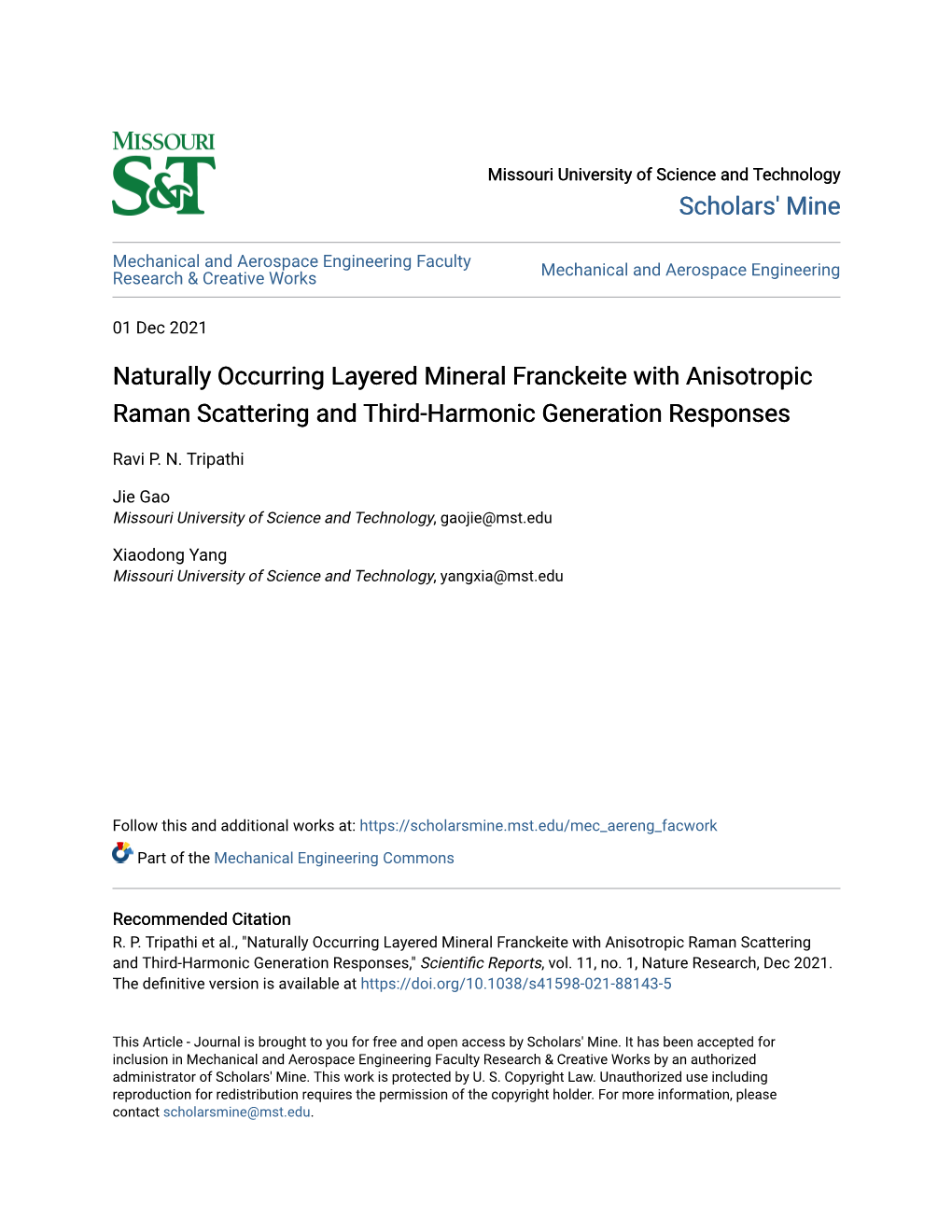 Naturally Occurring Layered Mineral Franckeite with Anisotropic Raman Scattering and Third-Harmonic Generation Responses