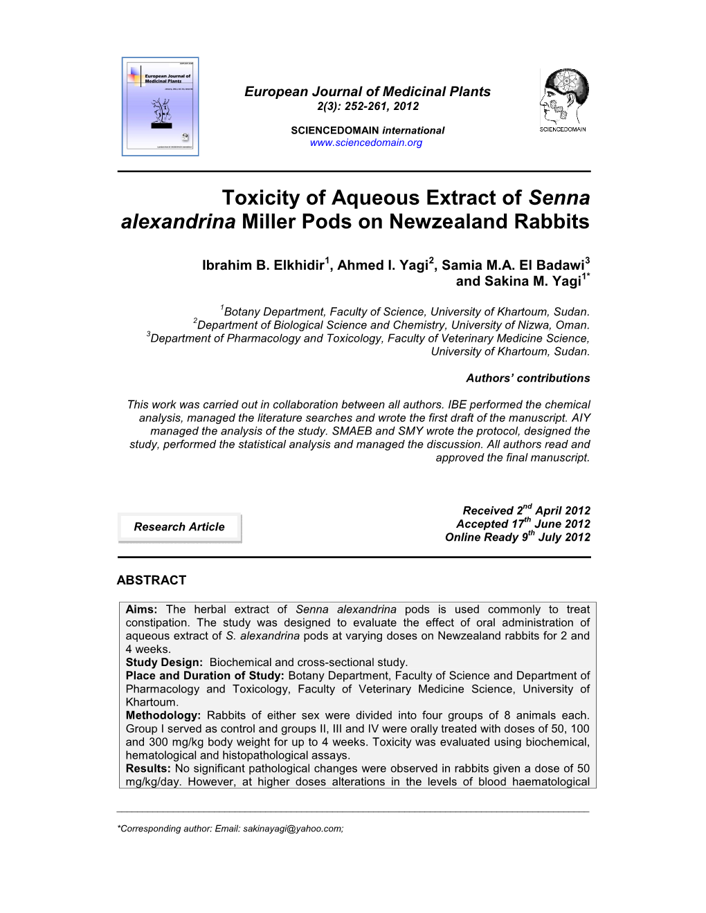 Toxicity of Aqueous Extract of Senna Alexandrina Miller Pods on Newzealand Rabbits