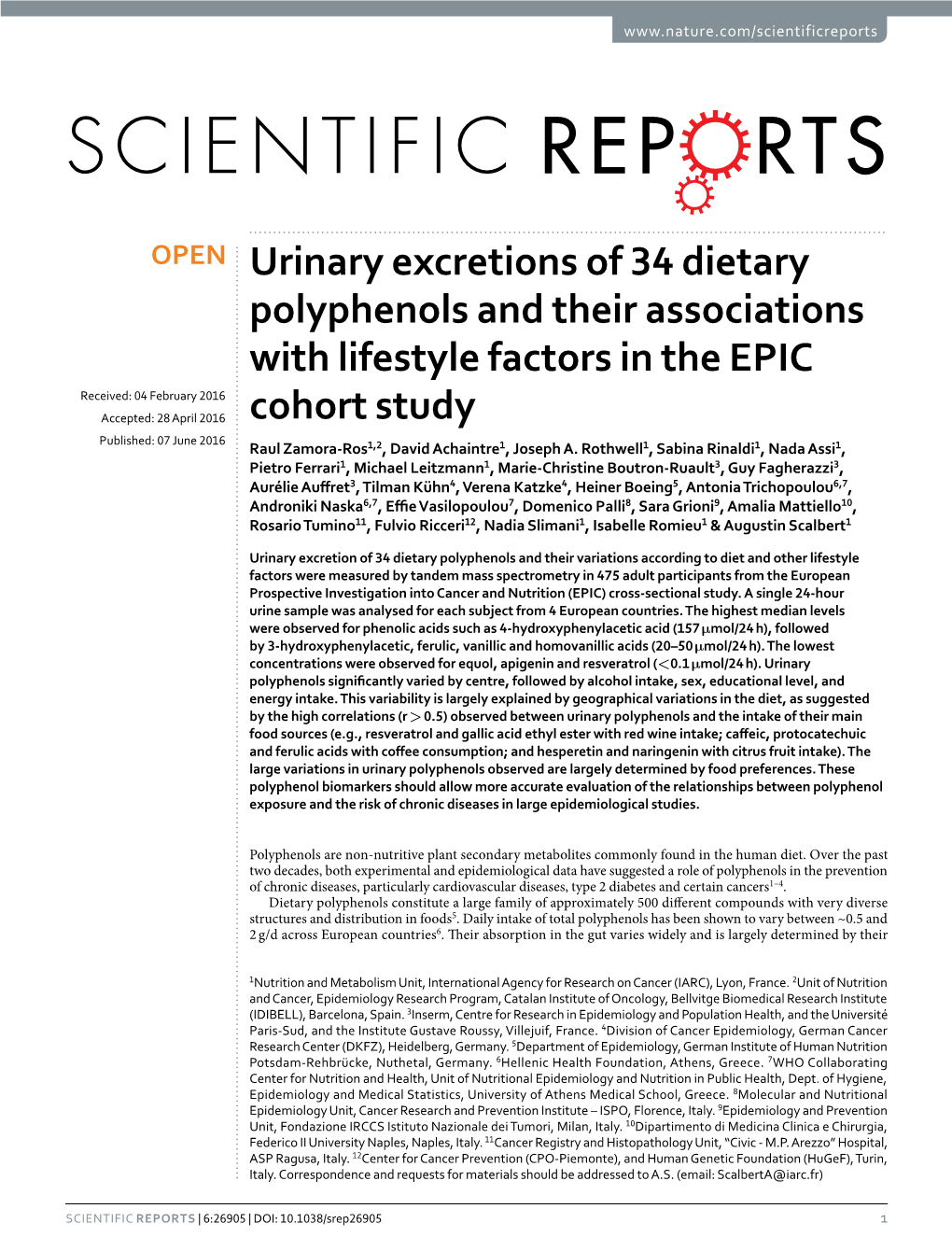 Urinary Excretions of 34 Dietary Polyphenols and Their Associations