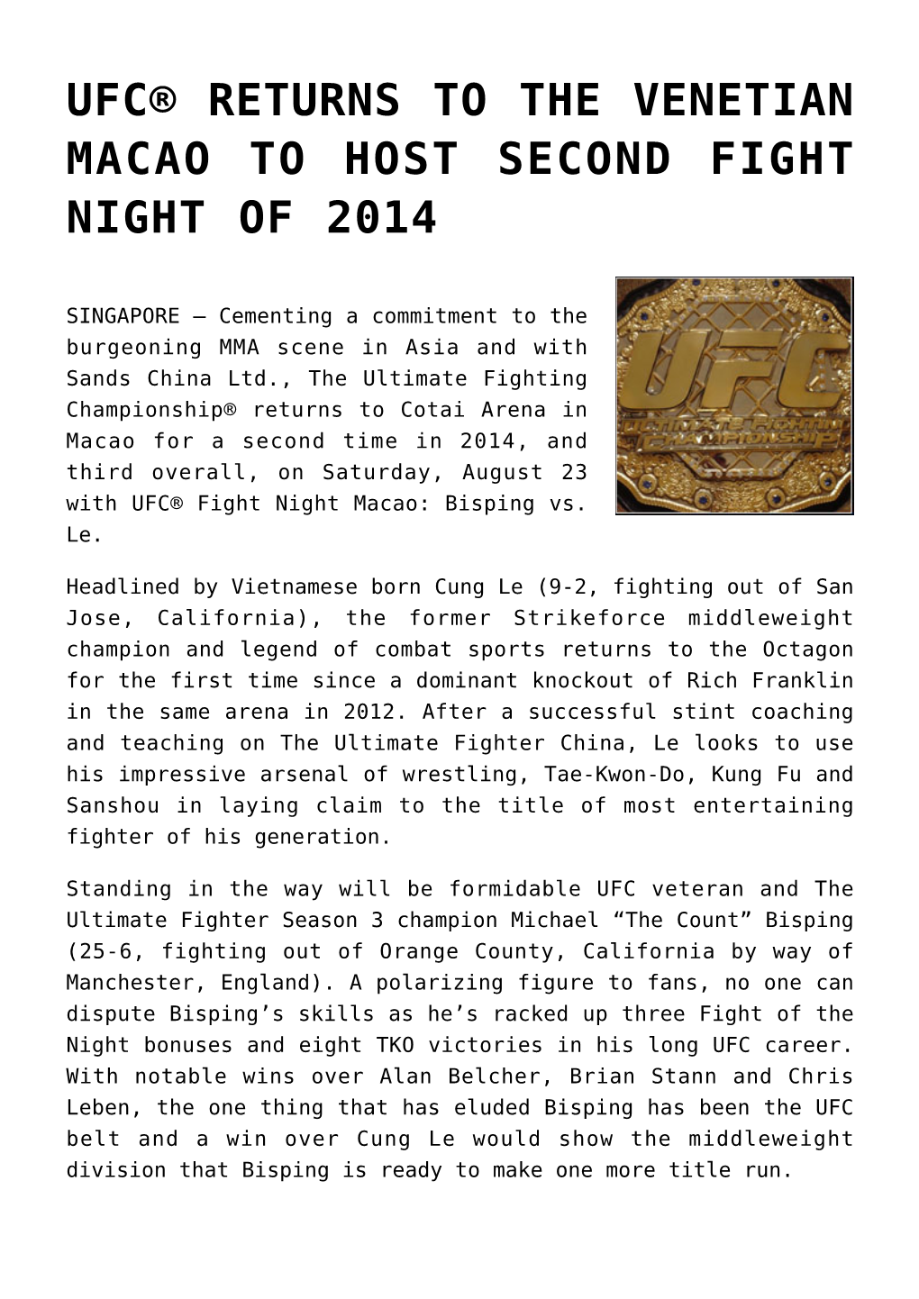 Ufc® Returns to the Venetian Macao to Host Second Fight Night of 2014