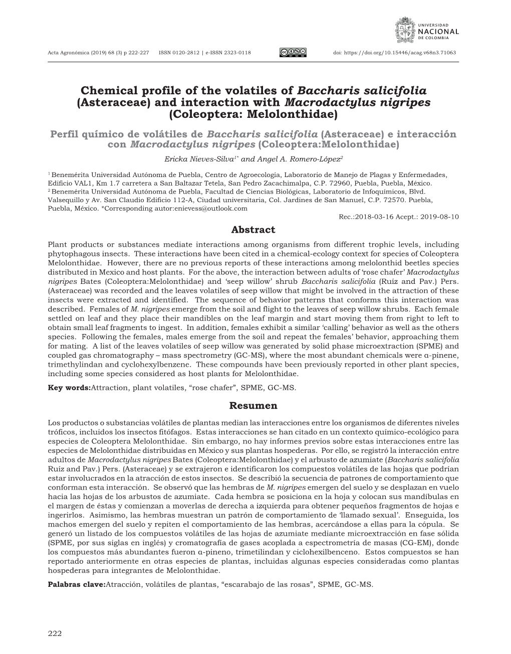 Chemical Profile of the Volatiles of Baccharis Salicifolia (Asteraceae)