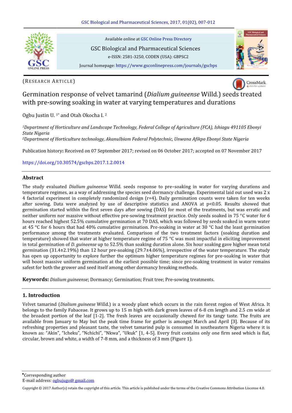 Germination Response of Velvet Tamarind (Dialium Guineense Willd.) Seeds Treated with Pre-Sowing Soaking in Water at Varying Temperatures and Durations