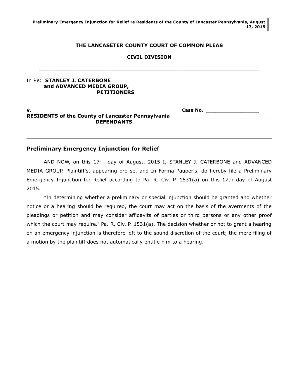 Preliminary Emergency Injunction for Relief, October 28, 2009