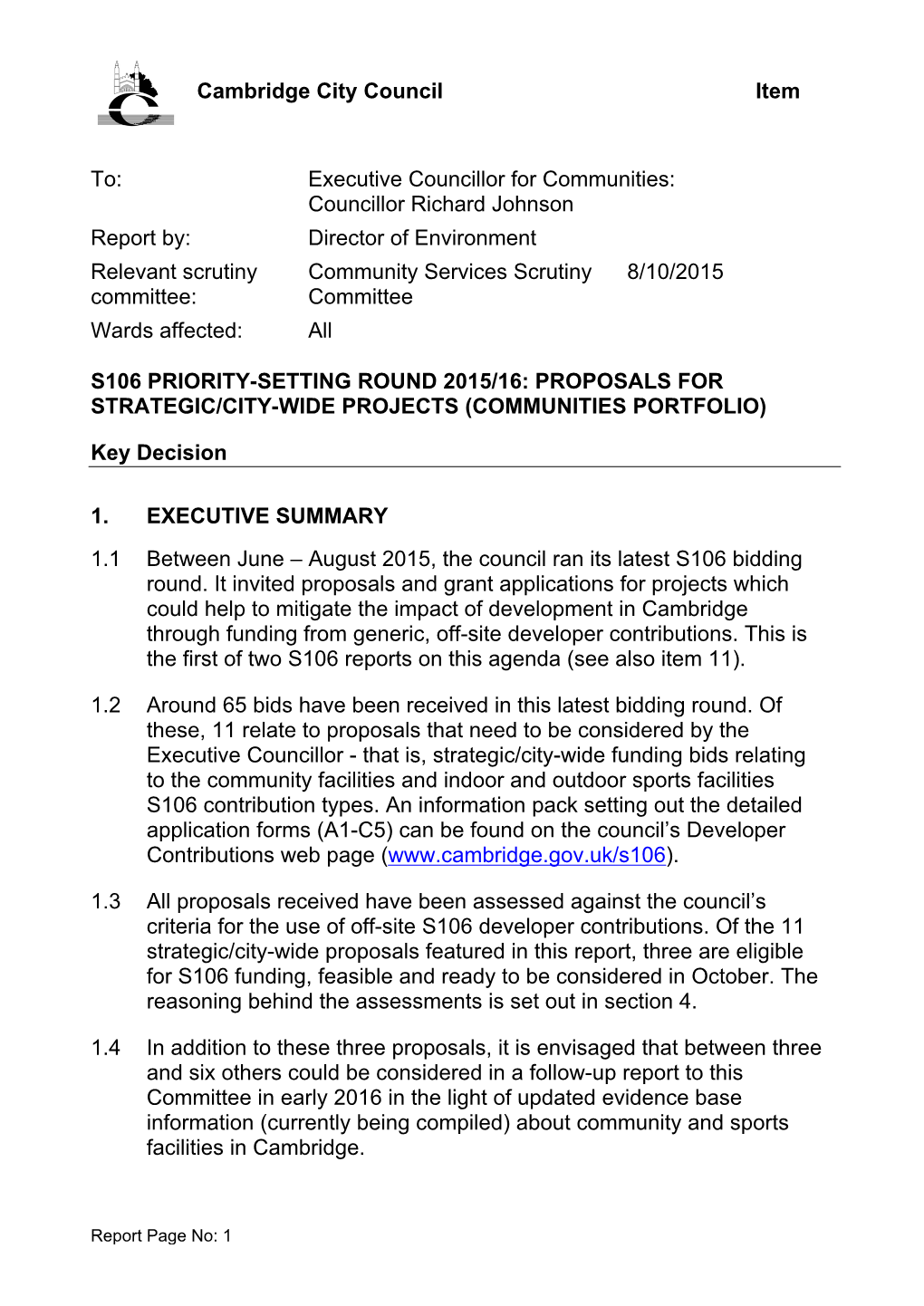 S106 Priority-Setting Round 2015/16: Proposals for Strategic/City-Wide Projects (Communities Portfolio)