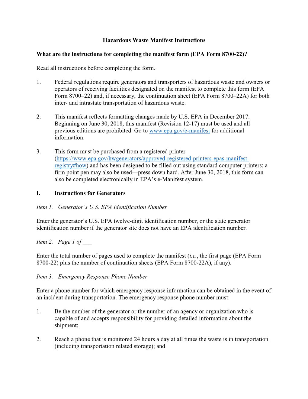 Instructions for Completing the Uniform Hazardous Waste Manifest