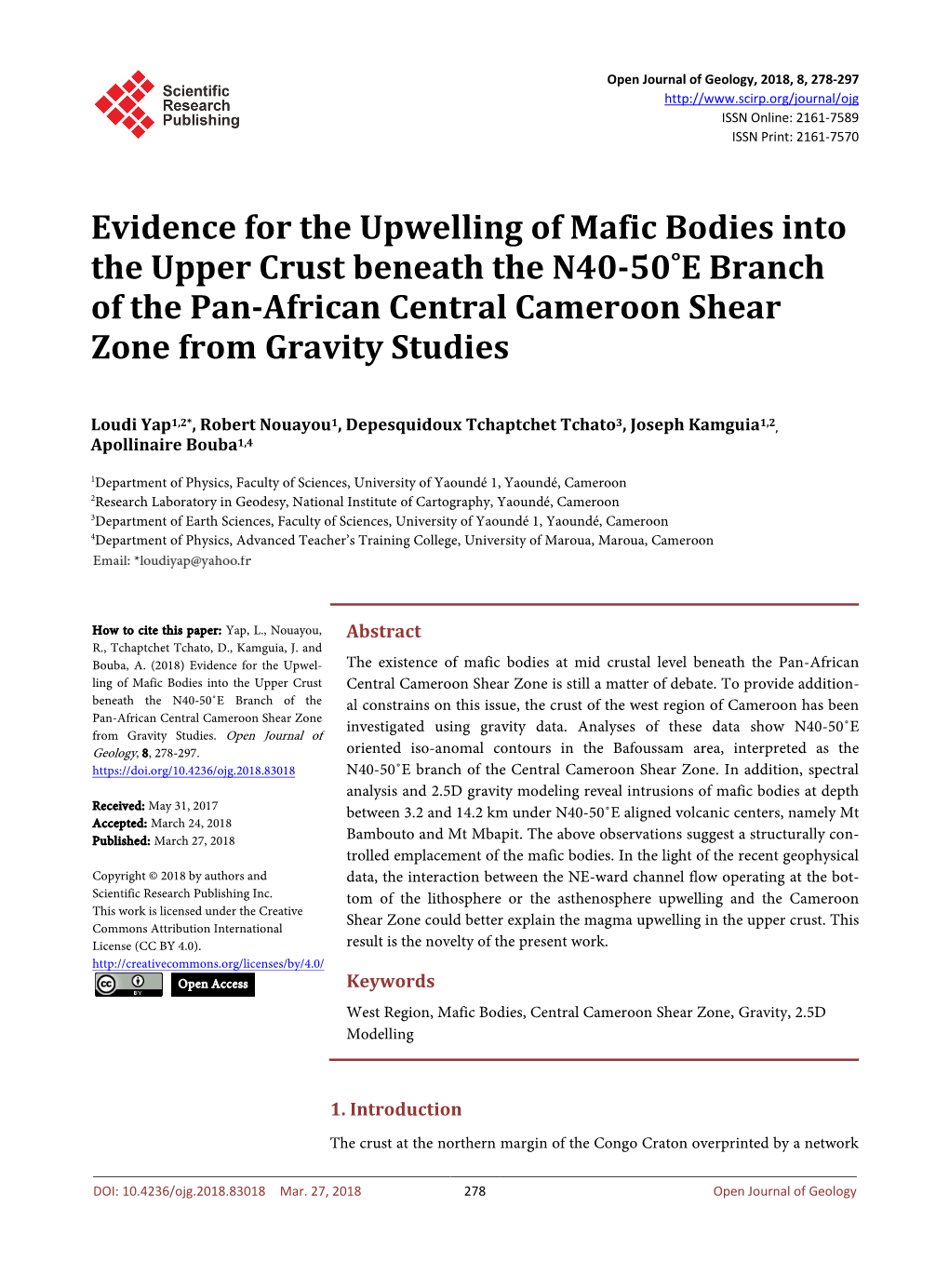 Evidence for the Upwelling of Mafic Bodies Into the Upper Crust Beneath the N40-50˚E Branch of the Pan-African Central Cameroon Shear Zone from Gravity Studies